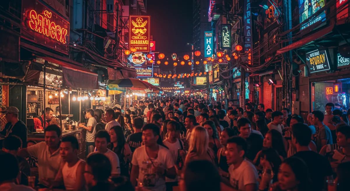 Bangkok street lit up at night: the extraordinary nightlife of the city