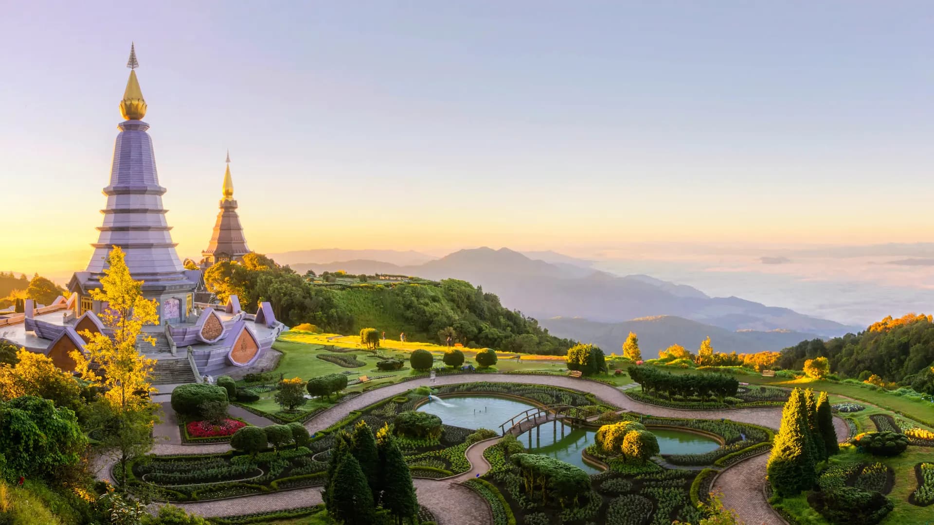 Doi Inthanon pagodas at sunset overlooking the mountains near Chiang Mai, Thailand