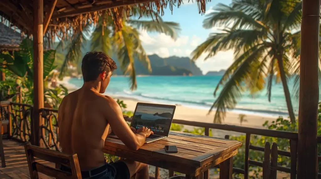 Person working from a laptop in a tropical cafe: remote work in Koh Samui