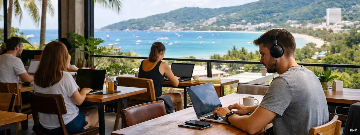 Person working on laptop with ocean view: the remote work lifestyle of Phuket