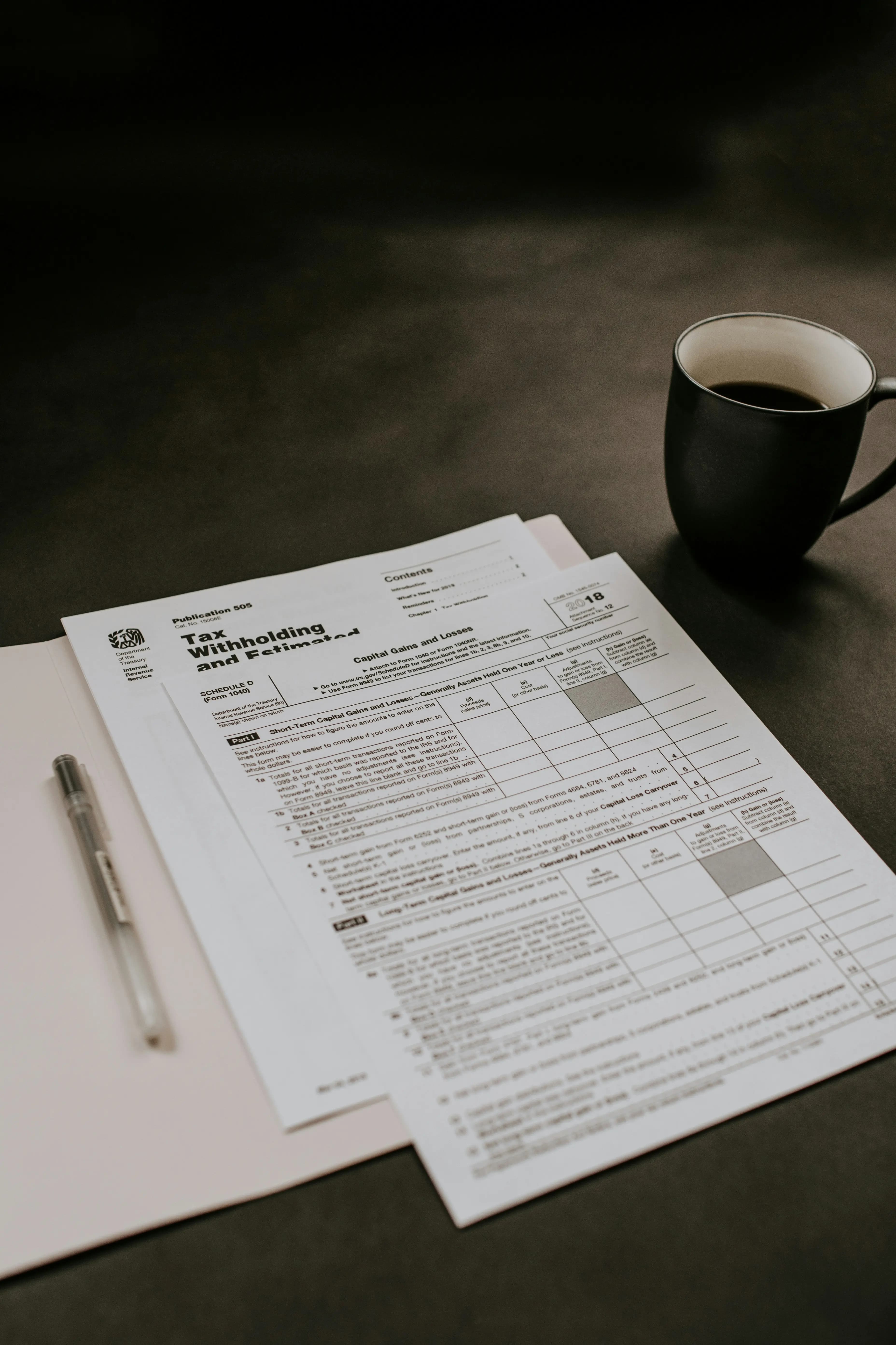 Tax documents and forms on a desk